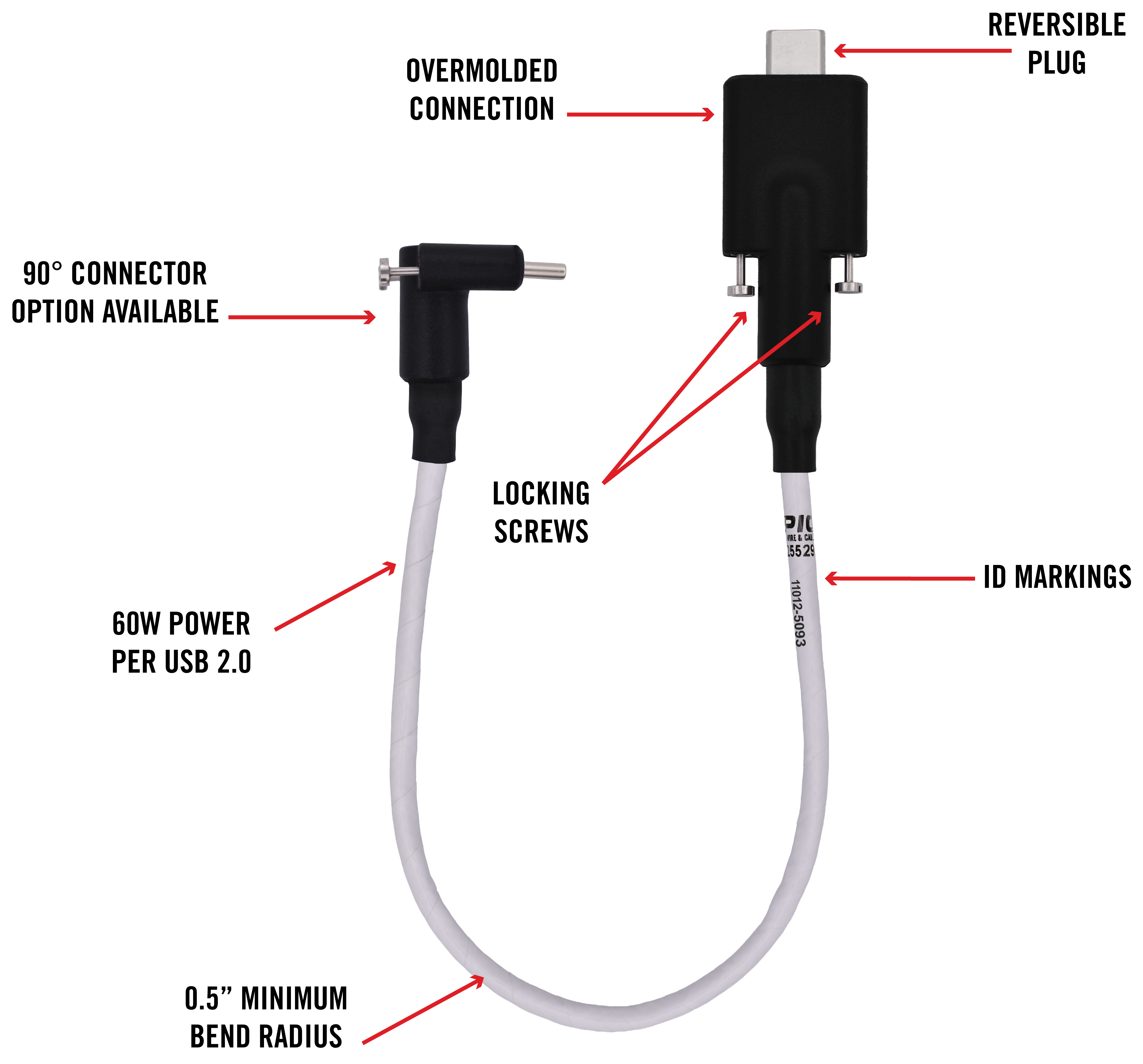 USB-C power-only cable assembly diagram with annotated features